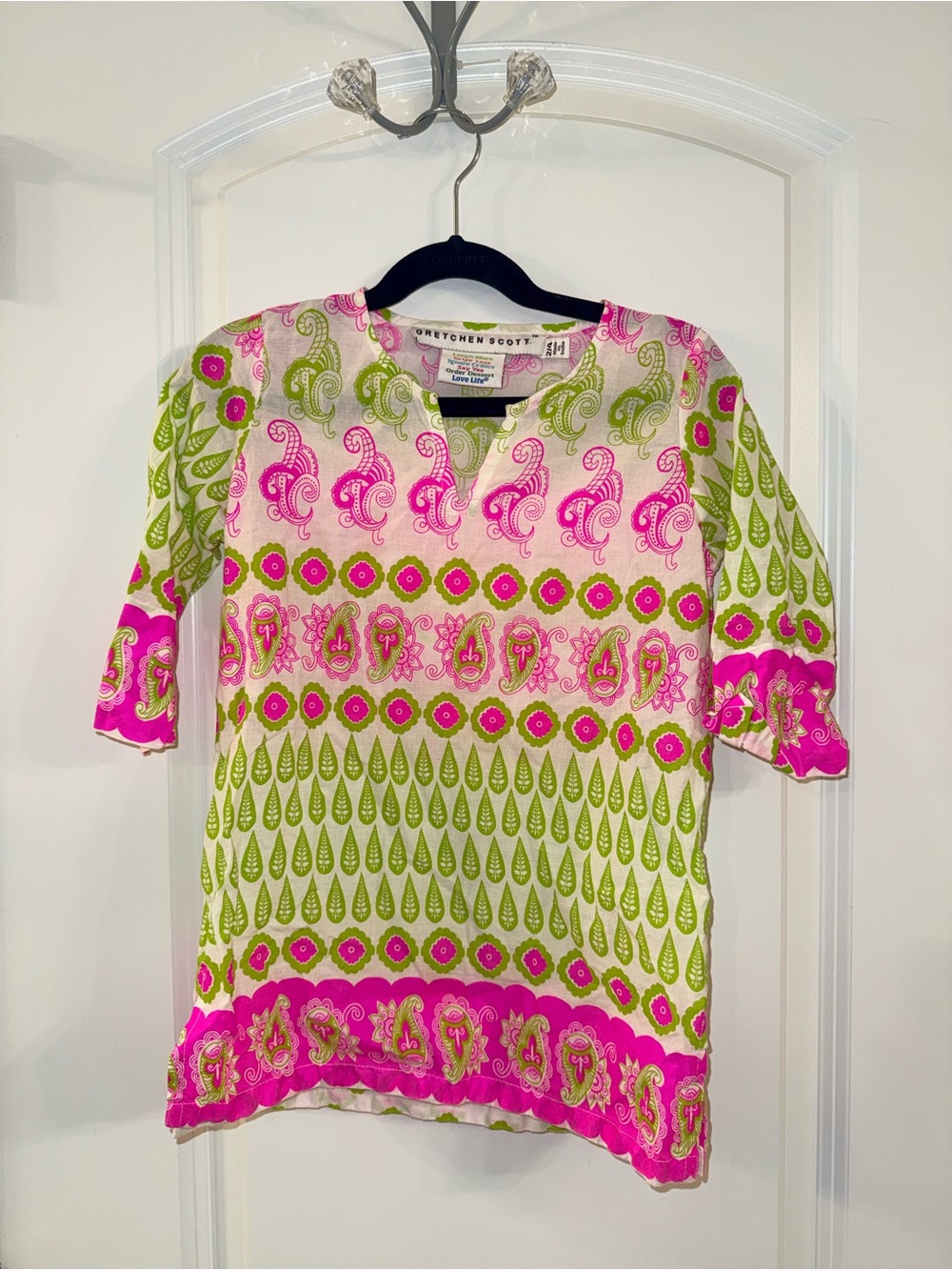 Gretchen Scott- 100% Cotton  Pink & Green Paisley Tunic Top/Coverup (2/4)
